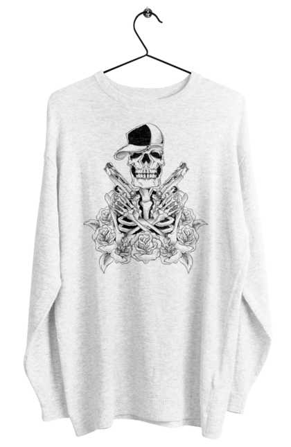 Women's sweatshirt with prints Skeleton with pistols. Black and white, bones, cap, gun, roses, scull, skeleton, teeth. 2070702