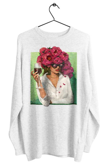 Women`s sweatshirt with prints Girl with peonies and a glass. Flower, girl, glasses, goblet, peonies, shirt, summer, wine. 2070702