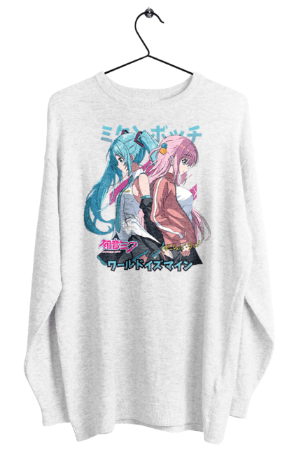 Women's sweatshirt with prints Hatsune Miku and Hitori Gotou. Anime, bocchi the rock, hatsune miku, hitori goto, hitori gotou, lonely rocker, miku, rocker, vocaloid. 2070702