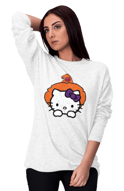 Свитшот женский с принтом Хелло Китти Хэллоуин. Halloween, hello kitty, witch, бренд, ведьма, кот, котенок, персонаж, хелло китти, хэллоуин. 2070702