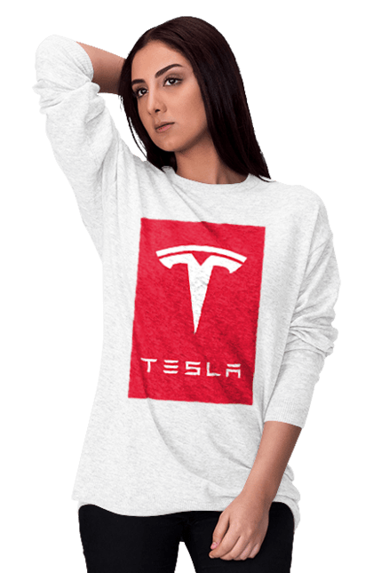 Світшот жіночий з принтом "Tesla". Авто, бренд, ілон маск, логотип, тесла. CustomPrint.market