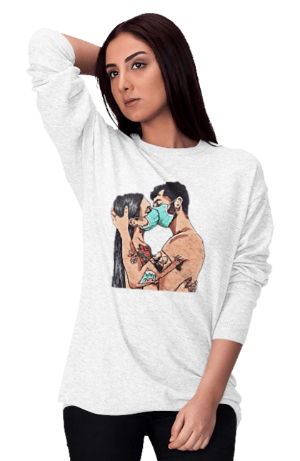 Women`s sweatshirt with prints Coronavirus Love. Coronavirus, kiss, love, mask, quarantine. 2070702
