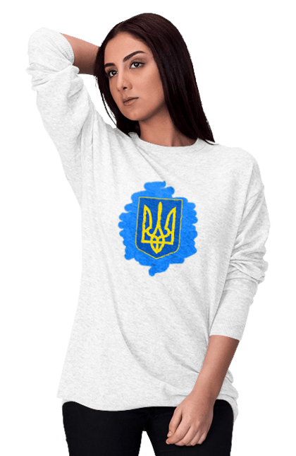 Світшот жіночий з принтом "Герб України". Блакитний колір, герб, символіка, тризуб, україна. ART принт на футболках