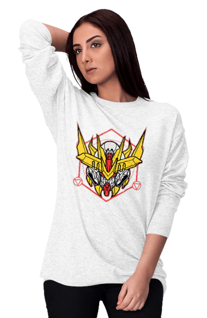 Women's sweatshirt with prints Gundam Barbatos Lupus Rex. Anime, asw g 08, barbatos lupus rex, game, gundam, manga, robot, video game, war. 2070702