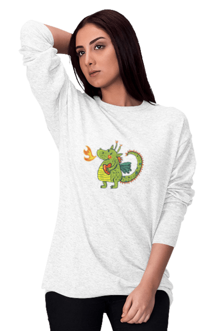 Women's sweatshirt with prints Dragon in love. Dragon, fire, green dragon, heart, hearts, love, new year, symbol 2024. 2070702