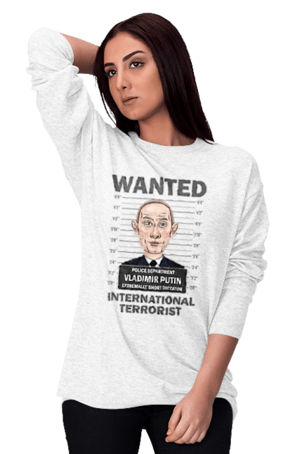 Світшот жіночий з принтом "Розшук Гаага". Путин, розшук гаага, розшук путин, хуйло. ART принт на футболках