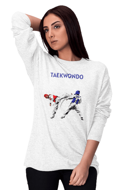 Свитшот женский с принтом Тхэквондо. Taekwondo, боевое искусство, корея, спорт, таэквондо, тренировка. 2070702