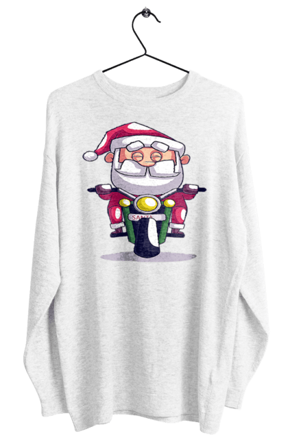 Світшот жіночий з принтом "Щасливий Санта на мотоциклі". 2022, дід мороз, зима, мотоцикл, новий рік, різдво, санта, сніг. 2070702