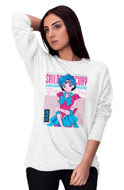 Свитшот женский с принтом Сейлор Мун Меркурий. Ami mizuno, sailor mercury, sailor moon, ами мидзуно, аниме, драма, махо-сёдзё, сейлор мун, сериал\. 2070702