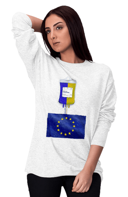 Світшот жіночий з принтом "Українська кров". Донор європи, європа, євросоюз, інтеграція, кандидат, ми захищаємо європу, ми разом, новий лого, україна, шлях до європи. CustomPrint.market