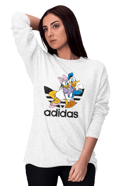 Свитшот женский с принтом Adidas Дональд Дак. Adidas, daisy duck, donald duck, адидас, дейзи дак, дональд дак, мультсериал, мультфильм. 2070702