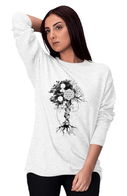 Світшот жіночий з принтом "Древо життя". Геном людини, дерево життя, золотий перетин, квітка життя, сакральна геометрія, таємниця світобудови, таємниця числа фібоначчі, число бога, число фібоначчі. 2070702