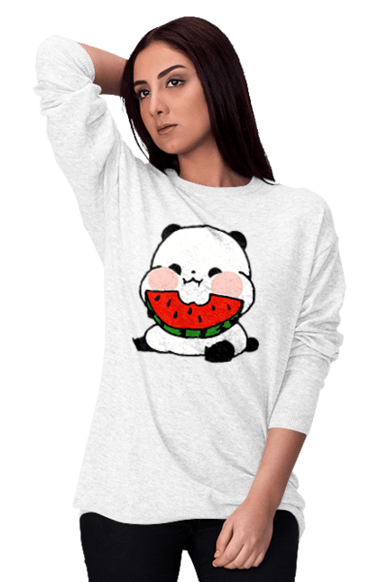 Світшот жіночий з принтом "Задоволена панда їсть кавун". Задоволена панда, кавун, панда. ART принт на футболках