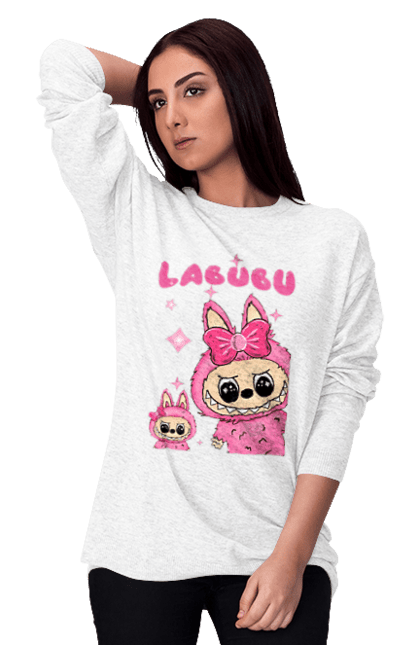 Світшот жіночий з принтом "Лабубу". Іграшка лабубу, лабубу, лабубу кока кола, мерч лабубу, мила, рожева лабубу, смішна лабубу. 2070702