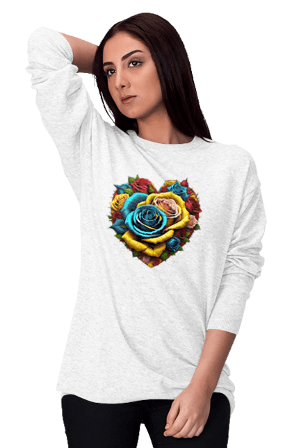 Світшот жіночий з принтом "Серце з жовто блакитних троянд". Жовто блакитні троянди, квіти, рози, серце, троянди, україна. CustomPrint.market