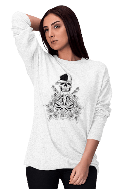 Women's sweatshirt with prints Skeleton with pistols. Black and white, bones, cap, gun, roses, scull, skeleton, teeth. 2070702