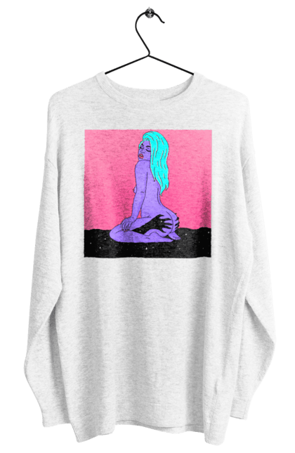 Світшот жіночий з принтом "Фіолетова Дівчина В Руках". Дівчина, інопланетянка, сидить. 2070702