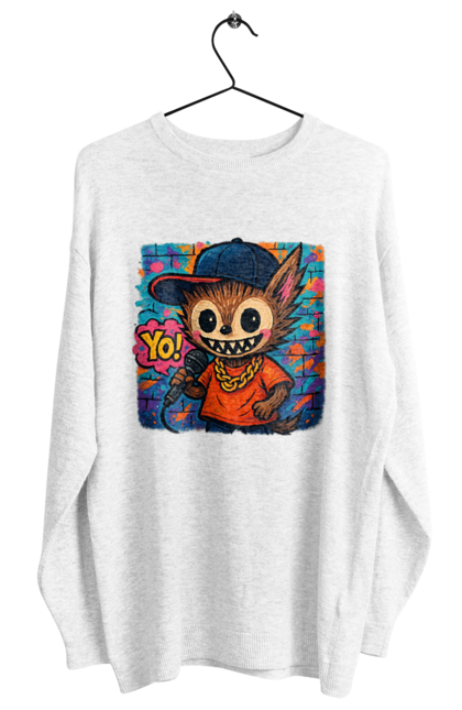 Світшот жіночий з принтом "Лабубу". Бейсболка, вуличне мистецтво, графіті, золотийланцюг, лабубу, мікрофон, міський стиль, репатмосфера, хіпхоп, яскраво. 2070702