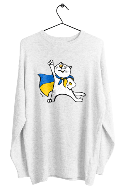 Світшот жіночий з принтом "Білий кіт з прапором України". Кіт, кіт з прапором, кіт патріот, патріот, символ україни, україна. Print Shop