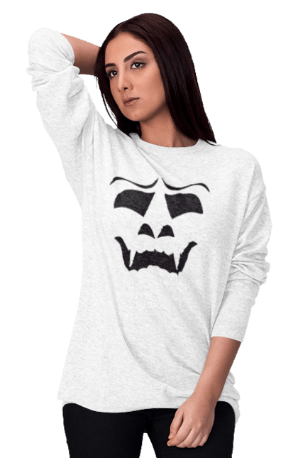 Women's sweatshirt with prints Halloween pumpkin face. Costume, halloween, holiday, october, october 31, pumpkin, scary, sweets, trick or treat. 2070702