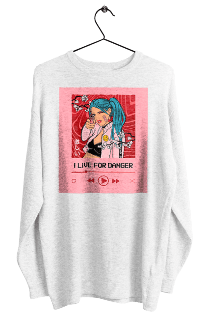 Women`s sweatshirt with prints I Live For Danger. Anime, music, pistol, turntable. 2070702