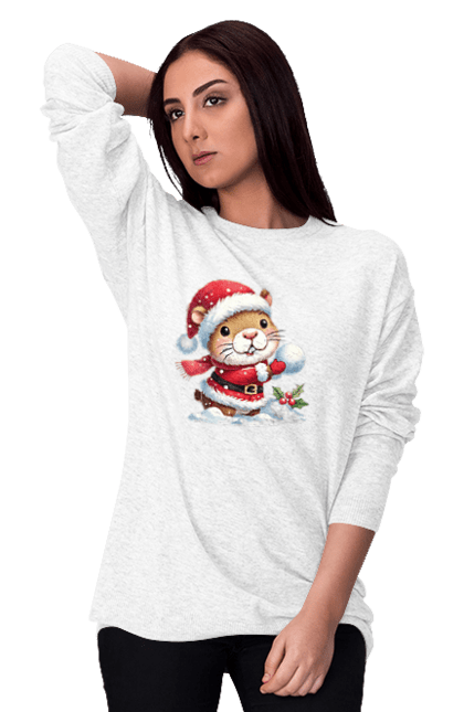 Women's sweatshirt with prints Capybara playing snowballs. Animal, capybara, christmas, christmas capybara, game, gift, holiday, new year, santa, snowballs. 2070702