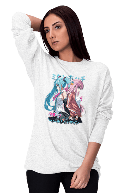 Women's sweatshirt with prints Hatsune Miku and Hitori Gotou. Anime, bocchi the rock, hatsune miku, hitori goto, hitori gotou, lonely rocker, miku, rocker, vocaloid. 2070702