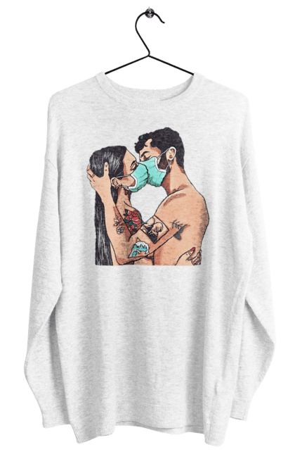 Women`s sweatshirt with prints Coronavirus Love. Coronavirus, kiss, love, mask, quarantine. 2070702