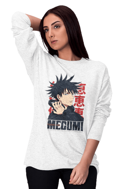 Світшот жіночий з принтом "Магічна битва Мегумі". Anime, fushiguro, fushiguro megumi, jujutsu kaisen, manga, megumi, аніме, магічна битва, манга, мегумі. 2070702