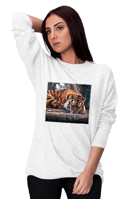 Світшот жіночий з принтом "Спящий тигр". Tiger, спящий, тигр, футболка біла, футболка з тигром. CustomPrint.market