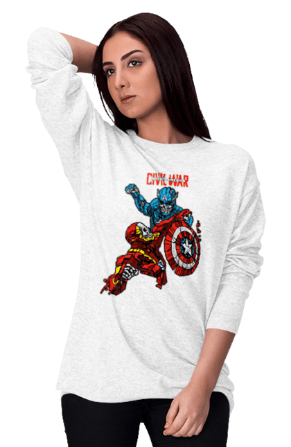 Women's sweatshirt with prints Iron Man vs Captain America. Avengers, captain america, civil war, comic, comics, film, iron man, marvel, marvel comics, tony stark. 2070702