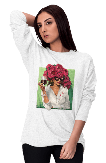 Women`s sweatshirt with prints Girl with peonies and a glass. Flower, girl, glasses, goblet, peonies, shirt, summer, wine. 2070702