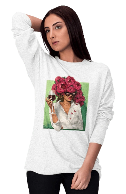 Girl with peonies and a glass