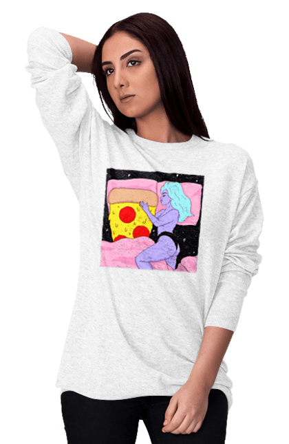 Світшот жіночий з принтом "Фіолетова Дівчина І Піца". Дівчина, ліжко, піца. 2070702