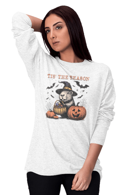 Women's sweatshirt with prints Capybara Halloween. Animal, capybara, ghost, halloween, holiday, moon, pumpkin, rodent, witch. 2070702