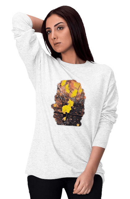 Світшот жіночий з принтом "Жовті квіти в теплих тонах". Живопис, жовтий, жовті квіти, затишок, кавовий, квіти, квітка, коричневий, малюнок, осінь, природа, теплий, тепло, художнє, хюге. ART принт на футболках