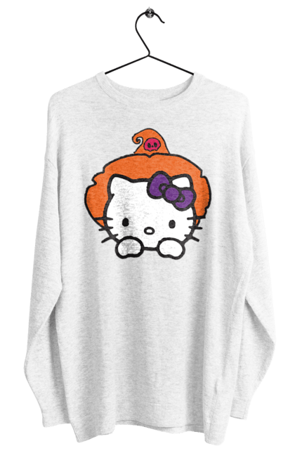 Свитшот женский с принтом Хелло Китти Хэллоуин. Halloween, hello kitty, witch, бренд, ведьма, кот, котенок, персонаж, хелло китти, хэллоуин. 2070702