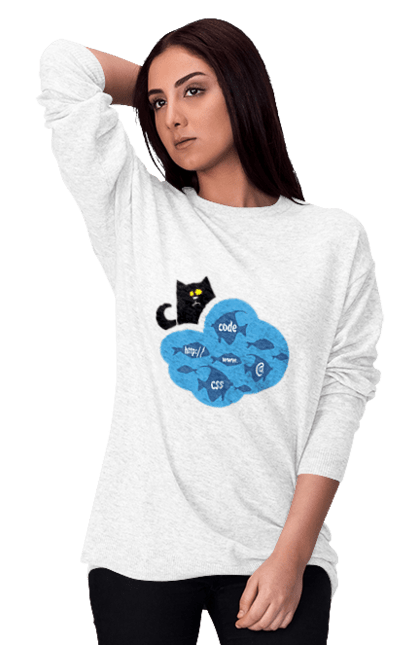 Світшот жіночий з принтом "Кіт програміст". Angular, c, css, html, it, javascript, jquery, php, python, react, svelt, vue, айтишник, айті, гумор, код, кодувати, прогер, програміст, програмісти, ти ж, ти ж програміст, тиж програміст. 2070702