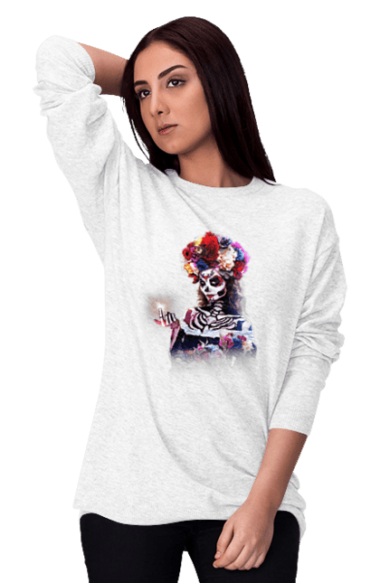 Світшот жіночий з принтом "Таємниця Коко". Helloween, виробник пікселів, жінка, колаж, краса, натхнення, оригінал, оригінальний, піксельмейкер, фантазія, художник. Pixel Maker