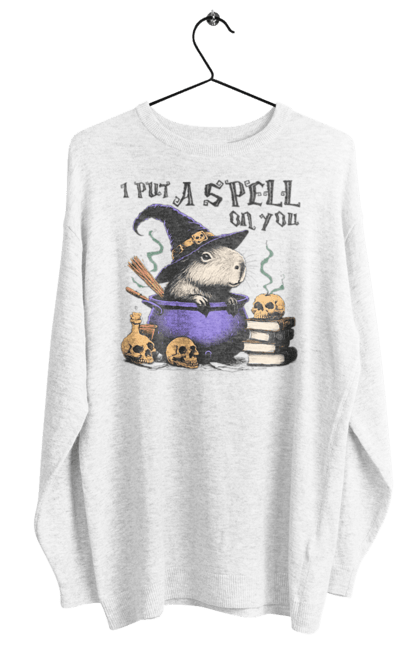 Women's sweatshirt with prints Capybara Halloween. Animal, capybara, ghost, halloween, holiday, moon, pumpkin, rodent, witch. 2070702