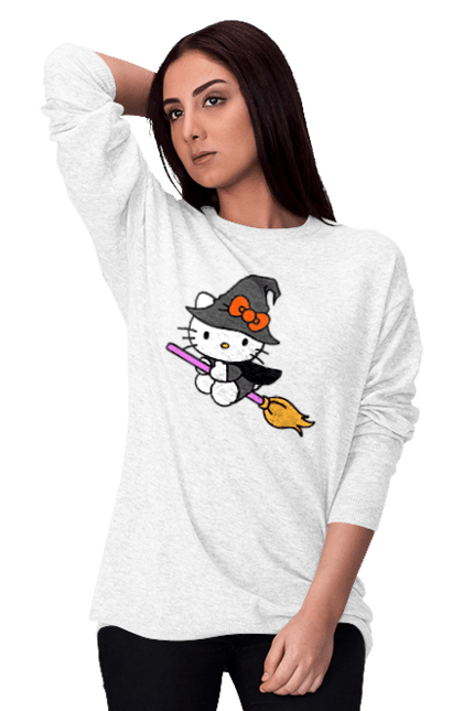 Women's sweatshirt with prints Hello Kitty Halloween. Brand, cat, character, halloween, hello kitty, kitten, kitty, witch. 2070702