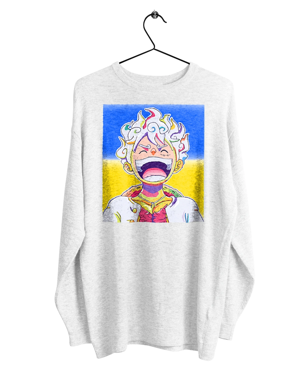 Monkey D Luffy laughing on a yellow blue background