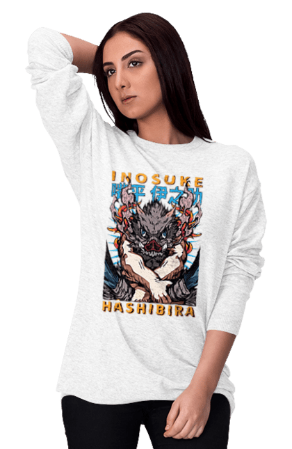 Women's sweatshirt with prints Demon Slayer Inosuke. Anime, demon slayer, inosuke, inosuke hashibira, kimetsu no yaiba, manga. 2070702