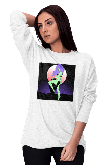 Світшот жіночий з принтом "Зелена Дівчина І Місяць". Інопланетянка, місяць. 2070702