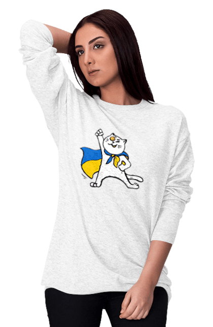 Світшот жіночий з принтом "Білий кіт з прапором України". Кіт, кіт з прапором, кіт патріот, патріот, символ україни, україна. Print Shop