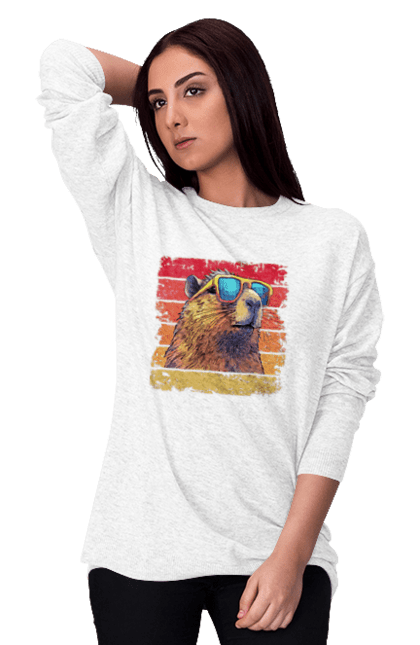 Women's sweatshirt with prints Capybara. Animal, capybara, glasses, rodent. 2070702