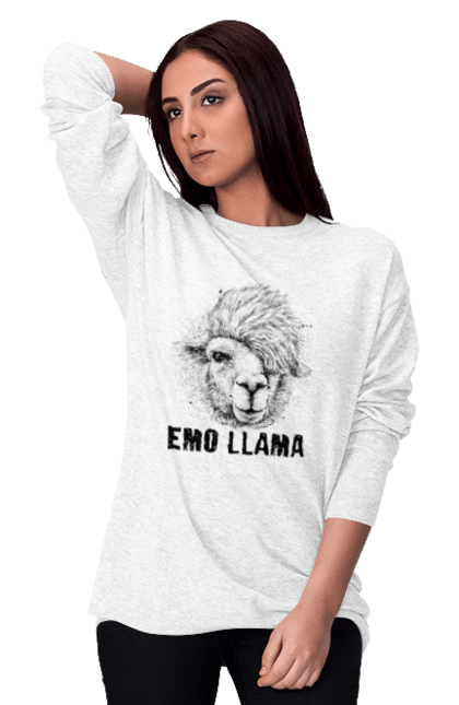 Світшот жіночий з принтом "Емо Лама". Alpaca, animals, distressed, emo, funny, llama, vintage, емо, лама. 2070702