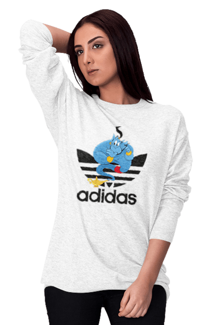 Свитшот женский с принтом Adidas Джинни. Adidas, aladdin, genie, адидас, аладдин, джинни, мультфильм, персонаж. 2070702