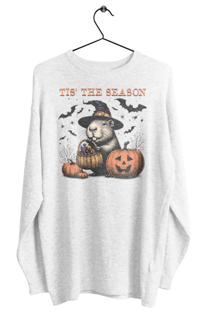 Women's sweatshirt with prints Capybara Halloween. Animal, capybara, ghost, halloween, holiday, moon, pumpkin, rodent, witch. 2070702