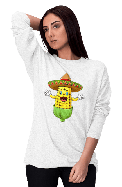 Women`s sweatshirt with prints Sombrero Corn. Corn, food, sombrero. 2070702